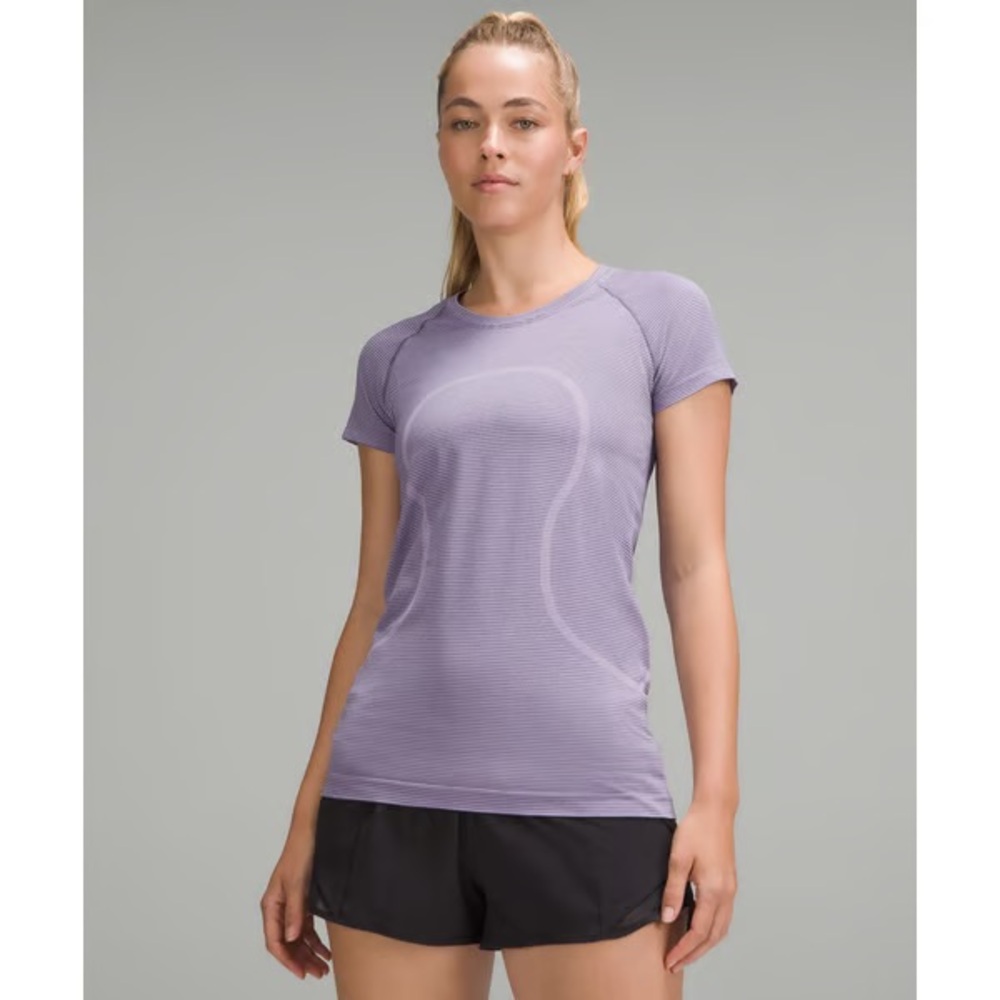 Lululemon swiftly tech short sleeve spandex stripe lilac ether nightfall size 2